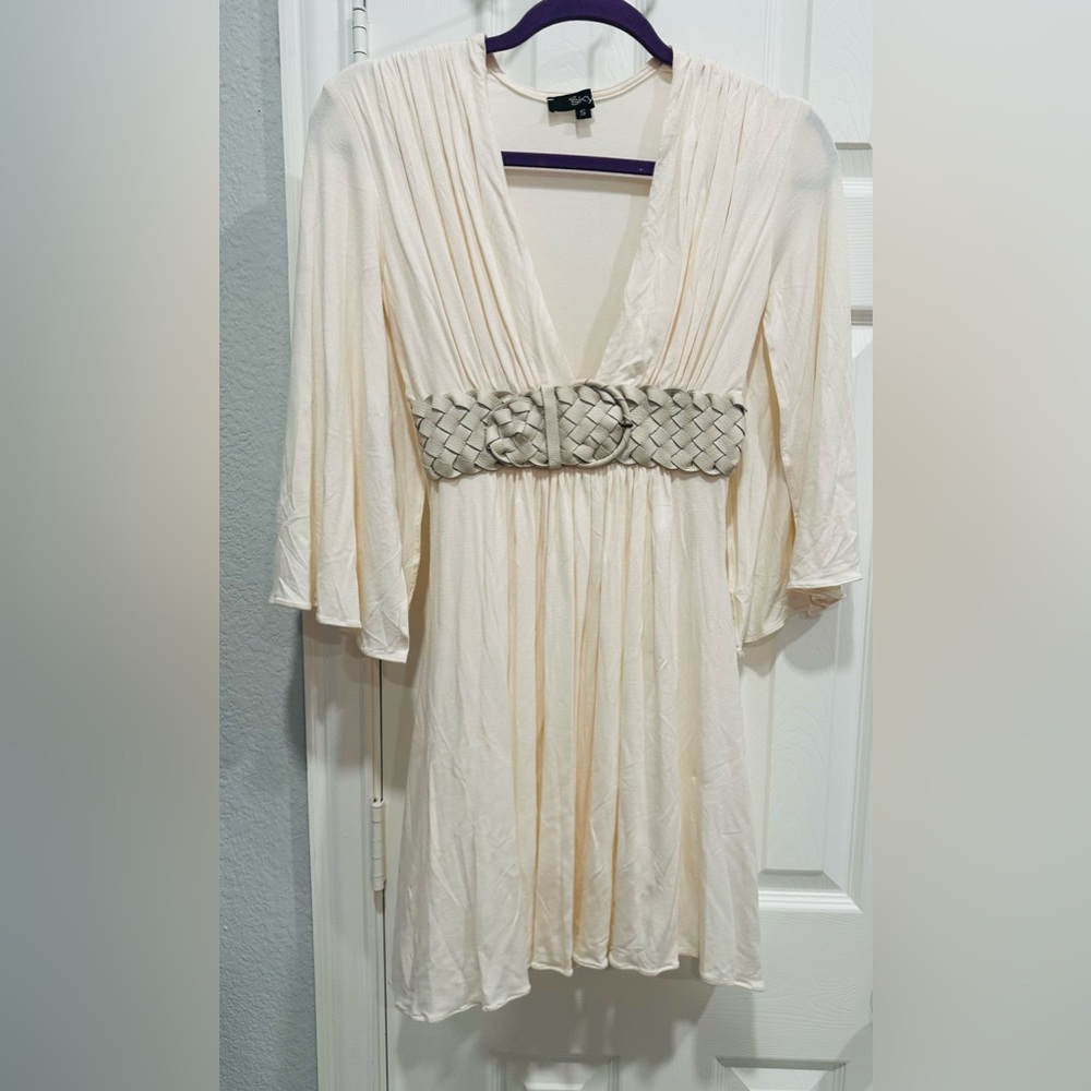 SKY: Deep V-Neck dress, With Leather Belt, Cream, Small